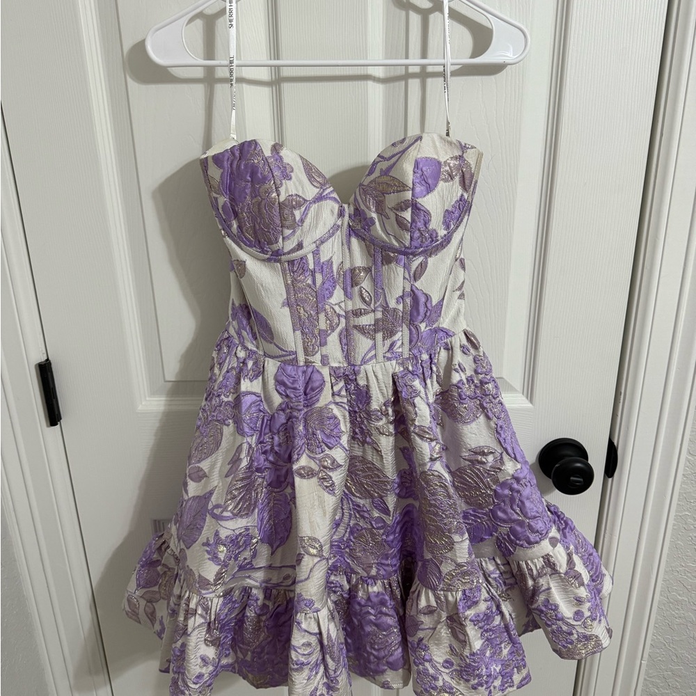 Sherri Hill Purple and Cream with Gold Accents Cocktail Dress